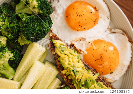 Healthy breakfast egg avocado greens and salad and raspberry tea Healthy breakfast egg avocado greens and salad and raspberry tea 124108525
