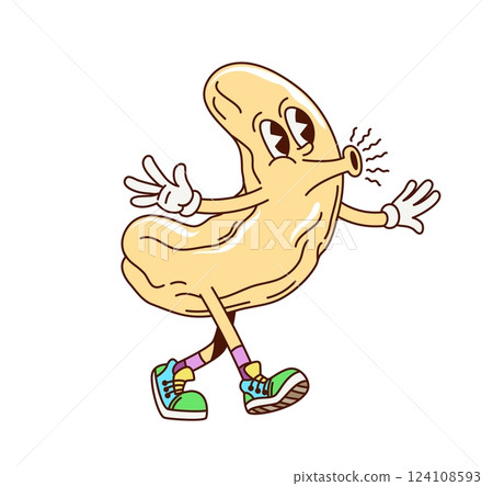 Cartoon groovy cashew nut cute character. Healthy nutrition nut retro cartoon isolated vector character. Diet seed or bean cheerful mascot or healthy snack cute groovy personage walking and whistling 124108593