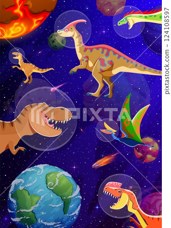 Cartoon dinosaur astronauts characters in outer space vector background. Funny prehistoric tyrannosaurus, velociraptor, monolophosaurus and raptor dinosaurs with astronaut helmets among space planets Cartoon dinosaur astronauts characters in outer space vector background. Funny prehistoric tyrannosaurus, velociraptor, monolophosaurus and raptor dinosaurs with astronaut helmets among space planets 124108597