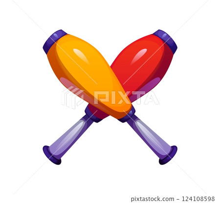 Cartoon circus font letter X styled with crossed juggling clubs feature red and yellow bodies. Retro carnival typeface, entertainment type, kids English alphabet. Vector abc typography character 124108598