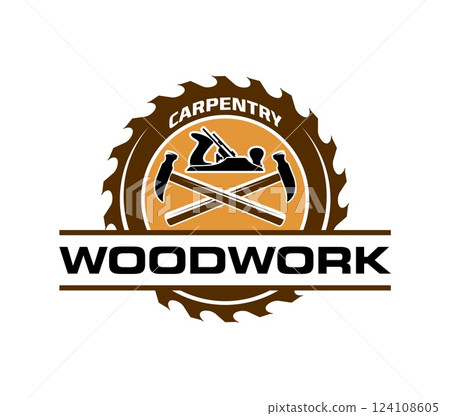 Carpentry workshop and woodwork service icon. Timber construction hardware or tool shop icon or brand vector symbol. Woodwork or furniture repair service sign with crossed hammers and joint plane 124108605