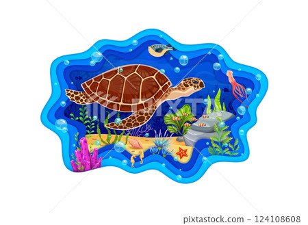 Paper cut banner with sea turtle and underwater landscape. Aquatic nature 3d vector backdrop, sea life paper cut background or underwater wildlife wallpaper with turtle and seaweeds on ocean bottom 124108608