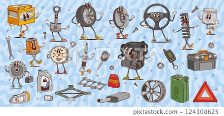Cartoon groovy car spare parts and tools characters. Psychedelic auto spare parts vector personages of cute engine, oil filter and battery. Funny headlight, spark plug, steering wheel, tire and rim 124108625