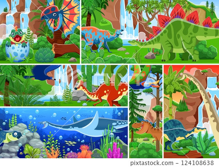 Prehistoric dinosaur characters collage with cartoon Jurassic lizards, vector background. Funny T Rex tyrannosaurus with dinosaurs or underwater reptile characters in jungle forest for kids dino atlas 124108638