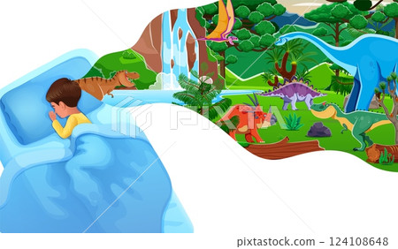 Sleeping boy dreams about dinosaurs vector banner. Cartoon cute kid character sleeping in bed and having dream of funny prehistoric dino animals. Dream bubble with jurassic dinosaurs at jungle forest 124108648