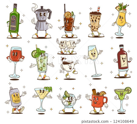 Cartoon groovy drinks, cocktails and hot beverages characters. Retro psychedelic wine, beer, coffee cup and mojito glass vector personages. Cute groovy mulled wine, bubble tea, gin tonic and margarita Cartoon groovy drinks, cocktails and hot beverages characters. Retro psychedelic wine, beer, coffee cup and mojito glass vector personages. Cute groovy mulled wine, bubble tea, gin tonic and margarita 124108649