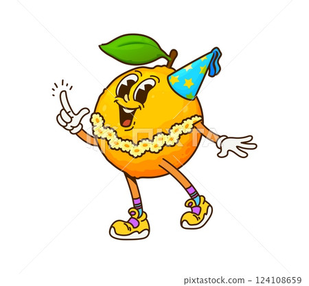 Cartoon groovy orange fruit character on party celebration exuding joy and celebratory spirit. Isolated vector fruit retro personage wearing party hat, flower necklace and sneakers embodying y2k vibe Cartoon groovy orange fruit character on party celebration exuding joy and celebratory spirit. Isolated vector fruit retro personage wearing party hat, flower necklace and sneakers embodying y2k vibe 124108659