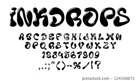 Liquid bubble font, y2k 3d letters typeface, funky wavy type, groovy english alphabet. Vector typography black ink drops font letters and numbers set. Groovy y2k wavy liquid bubble abc symbols 124108672
