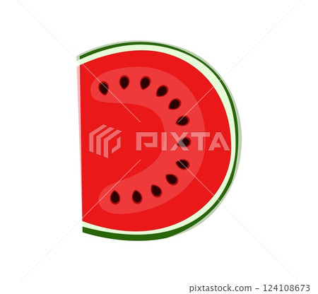 Cartoon farm font of watermelon fruit for agriculture typeface, vector kids type. Farm font or harvest English alphabet letter D in shape of watermelon slice for cartoon farm fruit typeface alphabet 124108673