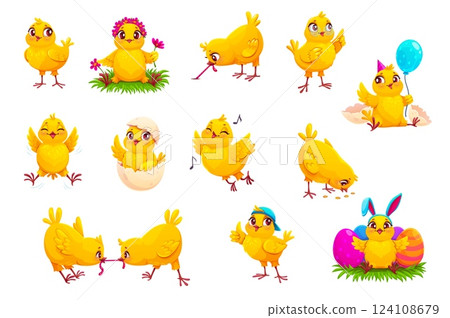 Cartoon funny chick characters with Easter eggs. Cute baby chickens vector personages of little yellow farm birds hatching from shell, pecking grains, dancing, playing. Funny baby chick characters set 124108679