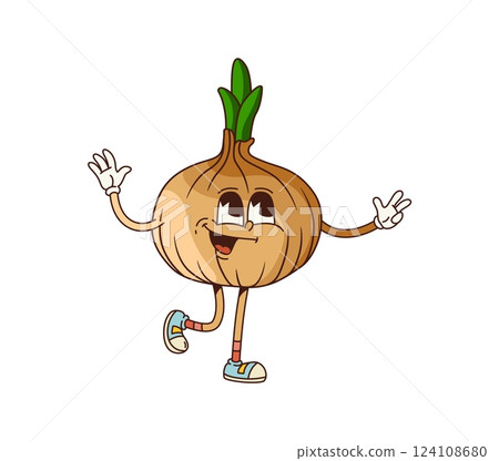 Groovy onion vegetable character waving hands. Isolated cartoon vector playful fresh veg personage with a cheerful expression, wearing sneakers and striking a dynamic pose, exudes healthy eating vibes Groovy onion vegetable character waving hands. Isolated cartoon vector playful fresh veg personage with a cheerful expression, wearing sneakers and striking a dynamic pose, exudes healthy eating vibes 124108680