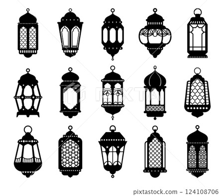 Arabian lanterns and lamps vector silhouettes of islam fanous Ramadan lights. Muslim Eid Mubarak and Ramadan Kareem lanterns with arab stars and flowers pattern. Islam mosque shaped arabian lamps set Arabian lanterns and lamps vector silhouettes of islam fanous Ramadan lights. Muslim Eid Mubarak and Ramadan Kareem lanterns with arab stars and flowers pattern. Islam mosque shaped arabian lamps set 124108706