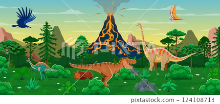 Prehistoric landscape with volcano and dinosaur characters vector background. Cartoon dino animals, reptiles and birds in jungle forest. Cute tyrannosaurus rex, dimorphodon, brachiosaurus, argentavis Prehistoric landscape with volcano and dinosaur characters vector background. Cartoon dino animals, reptiles and birds in jungle forest. Cute tyrannosaurus rex, dimorphodon, brachiosaurus, argentavis 124108713