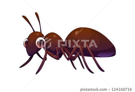 Cartoon funny ant insect character features with large, expressive eyes, shiny brown body, and a cheerful demeanor. Isolated vector playful and friendly bug or pest personage for children book or game Cartoon funny ant insect character features with large, expressive eyes, shiny brown body, and a cheerful demeanor. Isolated vector playful and friendly bug or pest personage for children book or game 124108716