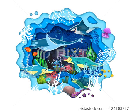 Prehistoric underwater dinosaur and reptile characters. Prehistoric aquatic dinosaur paper cut vector backdrop with megalodon shark, elasmosaurus, tylosaurus, ophthalmosaurus, archelon turtle reptiles Prehistoric underwater dinosaur and reptile characters. Prehistoric aquatic dinosaur paper cut vector backdrop with megalodon shark, elasmosaurus, tylosaurus, ophthalmosaurus, archelon turtle reptiles 124108717