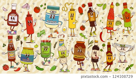 Cartoon groovy sauce bottles characters, vector food condiments and seasonings. Retro ketchup, chili, mayonnaise and mustard, soy, salsa and bbq dressing. Groovy ranch, wasabi, pesto or teriyaki sauce 124108729