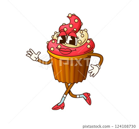 Groovy cupcake muffin cartoon character with funny face, vector sweet dessert emoji. Groovy cupcake or muffin cake with woman face and pink kiss lips on heels shoes as pastry dessert cartoon character 124108730