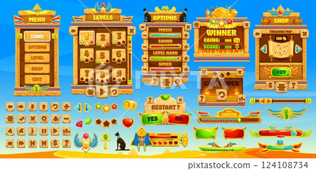 Ancient Egypt game interface, GUI buttons and elements assets, vector templates. Ancient Egypt game menu buttons and interface with pharaoh pyramid, loading bar or controls and gamer UI panel settings 124108734