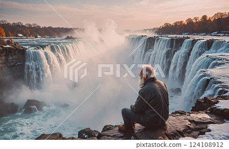 Man sits on a rock overlooking a waterfall. The scene is serene and peaceful, with the man taking in the beauty of the natural wonder 124108912