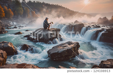 Man sits on a rock near a waterfall, taking a photo. The scene is serene and peaceful, with the sound of rushing water and the mist in the air. The man is enjoying the moment and capturing the beauty 124108913