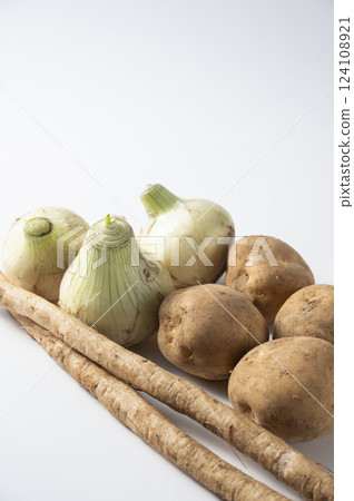 New onions, new potatoes, and new burdock New onions, new potatoes, and new burdock 124108921