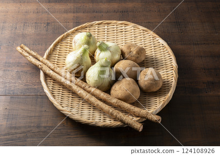 新洋蔥、新馬鈴薯和新牛蒡 124108926