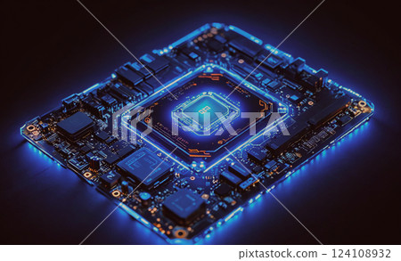 Computer chip is lit up in blue and orange. The chip is a small, square piece of technology 124108932