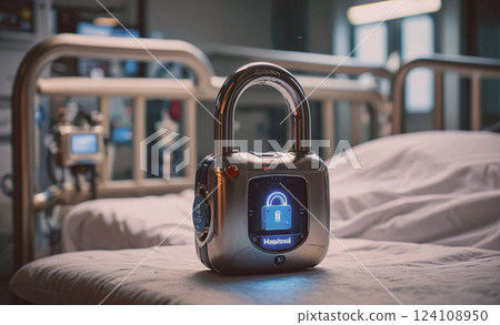 Silver lock box with a blue screen on it is sitting on a hospital bed. The lock box is connected to a computer and has a blue light on it 124108950