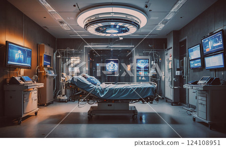 Hospital room with a bed and a monitor. The room is dimly lit and the bed is surrounded by medical equipment 124108951