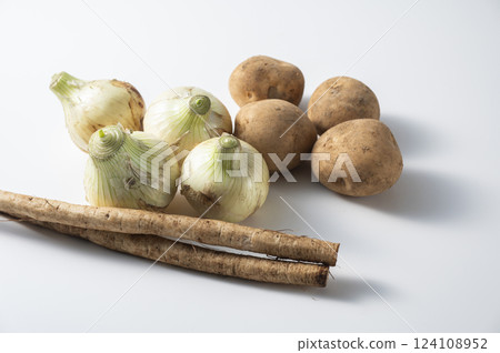 New onions, new potatoes, and new burdock New onions, new potatoes, and new burdock 124108952