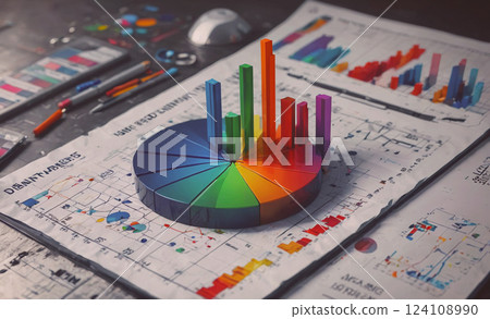 Colorful pie chart is on top of a piece of paper with other graphs and writing. The pie chart is made of different colored blocks, and it is a representation of data or information 124108990
