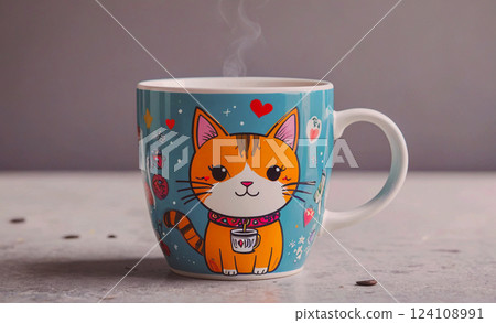 Cat mug with a cat on it and a heart on the side. The cat is smiling and the heart is red 124108991