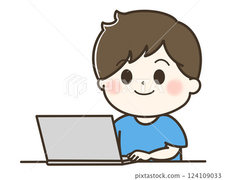 一位微笑的男士使用電腦的可愛插圖 124109033