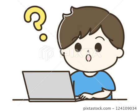 A cute, relaxed illustration of a man using a computer with a question mark 124109034