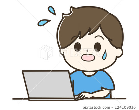 A cute, relaxed illustration of the upper body of a man sweating and using a computer in a hurry 124109036