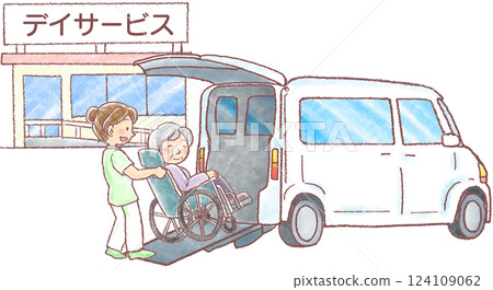 Day service and pick-up_Elderly woman getting into the car 124109062