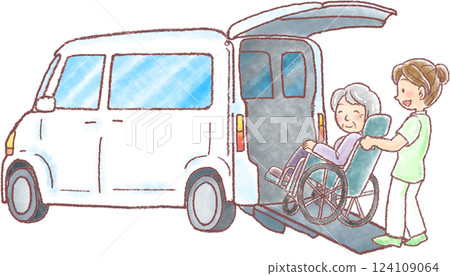 Elderly woman in wheelchair getting into car at day care center 124109064