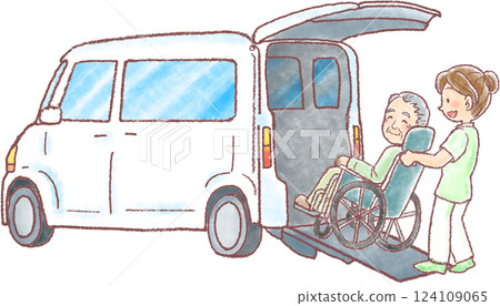 一位坐在輪椅上的老人進入日託中心的車裡 124109065