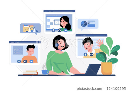 Business Meeting Online Illustration concept. A flat illustration isolated on white background Business Meeting Online Illustration concept. A flat illustration isolated on white background 124109295