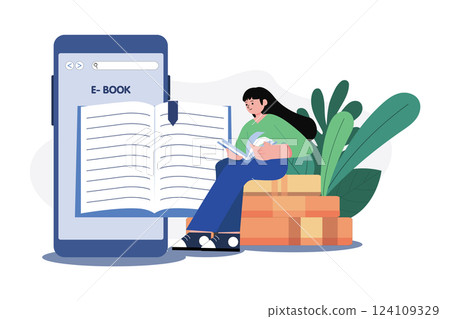 E-Book App Illustration concept. A flat illustration isolated on white background E-Book App Illustration concept. A flat illustration isolated on white background 124109329