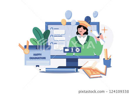 Online Graduating Illustration concept. A flat illustration isolated on white background 124109338