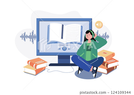 Listening Audio Book Illustration concept. A flat illustration isolated on white background Listening Audio Book Illustration concept. A flat illustration isolated on white background 124109344