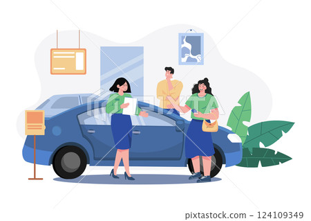 Salesperson Showing The Vehicle To A Potential Customer In The Dealership 124109349
