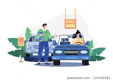 Young Woman Testing A Car In A Car Showroom 124109361