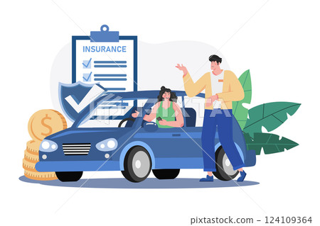 Beautiful Young Woman In A Red Car Is Talking To A Car Insurance Salesman Beautiful Young Woman In A Red Car Is Talking To A Car Insurance Salesman 124109364