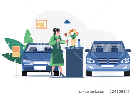 Woman With Flowers In A Car Showroom Woman With Flowers In A Car Showroom 124109365