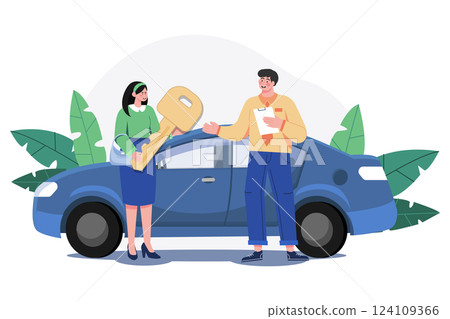 Young Smiling Woman Getting Key To A New Car 124109366