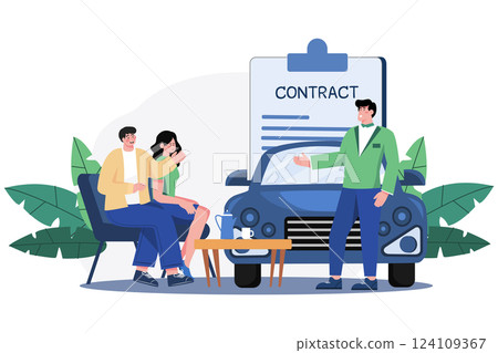 Car Dealer Explaining Sales Contract To A Couple Buying A Car Car Dealer Explaining Sales Contract To A Couple Buying A Car 124109367