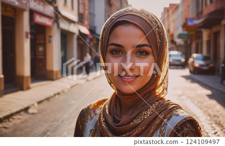 Woman wearing a brown scarf and smiling. She is standing on a street in a foreign country Woman wearing a brown scarf and smiling. She is standing on a street in a foreign country 124109497