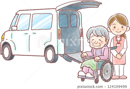 Transportation in a nursing car_Elderly woman and female caregiver 124109499